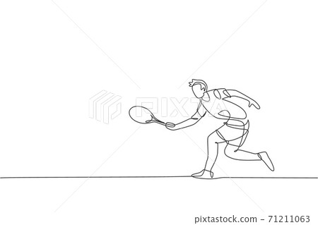 One continuous line drawing of young happy tennis player hold opponent smash hit. Competitive sport concept. Dynamic single line draw design graphic vector illustration for tournament promotion poster One continuous line drawing of young happy tennis player hold opponent smash hit. Competitive sport concept. Dynamic single line draw design graphic vector illustration for tournament promotion poster 71211063