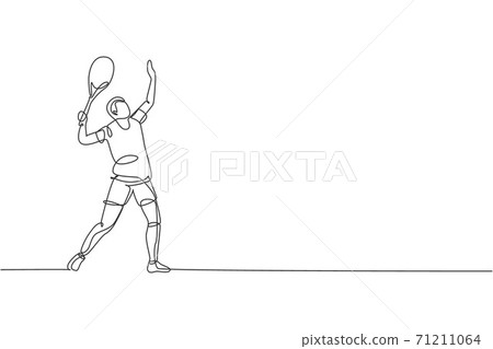 Single continuous line drawing of young agile tennis player prepare to service the ball. Sport exercise concept. Trendy one line draw design vector illustration for tennis tournament promotion media Single continuous line drawing of young agile tennis player prepare to service the ball. Sport exercise concept. Trendy one line draw design vector illustration for tennis tournament promotion media 71211064