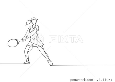 One continuous line drawing of young happy tennis player concentrate to hit the ball. Competitive sport concept. Dynamic single line draw design vector illustration for tournament promotion poster One continuous line drawing of young happy tennis player concentrate to hit the ball. Competitive sport concept. Dynamic single line draw design vector illustration for tournament promotion poster 71211065