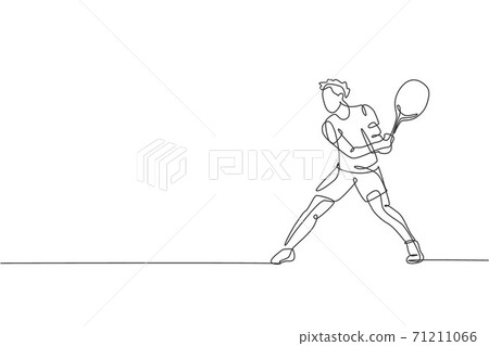 One single line drawing of young energetic tennis player prepare to hit the ball vector illustration. Sport training concept. Modern continuous line draw design for tennis tournament banner and poster One single line drawing of young energetic tennis player prepare to hit the ball vector illustration. Sport training concept. Modern continuous line draw design for tennis tournament banner and poster 71211066
