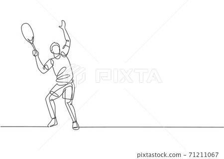 One continuous line drawing of young happy man tennis player prepare to service and hit the ball. Competitive sport concept. Dynamic single line draw design vector illustration for tournament poster One continuous line drawing of young happy man tennis player prepare to service and hit the ball. Competitive sport concept. Dynamic single line draw design vector illustration for tournament poster 71211067