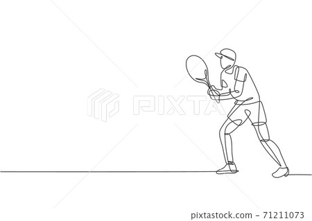 Single continuous line drawing of young agile tennis player concentrate to hit the ball. Sport exercise concept. Trendy one line draw design vector illustration for tennis tournament promotion media Single continuous line drawing of young agile tennis player concentrate to hit the ball. Sport exercise concept. Trendy one line draw design vector illustration for tennis tournament promotion media 71211073