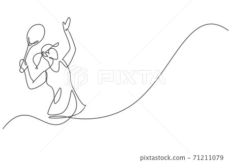 Single continuous line drawing young agile woman tennis player doing service hit. Sport exercise concept. Trendy one line draw design graphic vector illustration for tennis tournament promotion media Single continuous line drawing young agile woman tennis player doing service hit. Sport exercise concept. Trendy one line draw design graphic vector illustration for tennis tournament promotion media 71211079