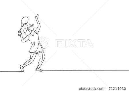 One single line drawing of young energetic woman tennis player ready to hit service ball vector illustration. Sport training concept. Modern continuous line draw design for tennis tournament banner One single line drawing of young energetic woman tennis player ready to hit service ball vector illustration. Sport training concept. Modern continuous line draw design for tennis tournament banner 71211080