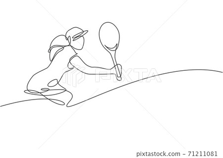 One single line drawing of young energetic female tennis player hold the ball vector illustration. Sport training concept. Modern continuous line draw design for tennis tournament banner and poster One single line drawing of young energetic female tennis player hold the ball vector illustration. Sport training concept. Modern continuous line draw design for tennis tournament banner and poster 71211081