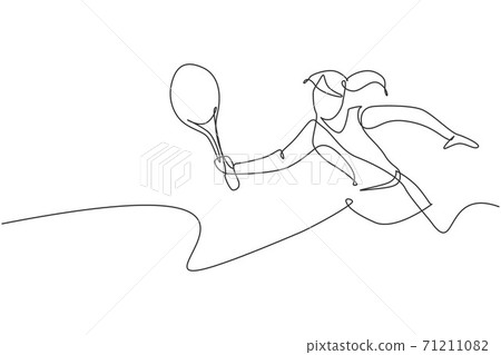 One continuous line drawing of young happy female tennis player run and hit the ball. Competitive sport concept. Dynamic single line draw design vector illustration for tournament promotion poster One continuous line drawing of young happy female tennis player run and hit the ball. Competitive sport concept. Dynamic single line draw design vector illustration for tournament promotion poster 71211082