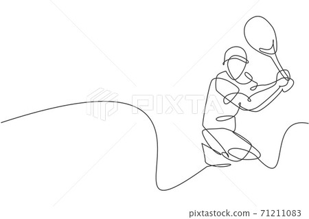 One single line drawing young energetic male tennis player hit the ball graphic vector illustration. Sport training concept. Modern continuous line draw design for tennis tournament banner and poster One single line drawing young energetic male tennis player hit the ball graphic vector illustration. Sport training concept. Modern continuous line draw design for tennis tournament banner and poster 71211083