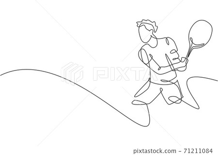 Single continuous line drawing of young agile tennis player hit the ball from opponent. Sport exercise concept. Trendy one line draw design vector illustration for tennis tournament promotion media Single continuous line drawing of young agile tennis player hit the ball from opponent. Sport exercise concept. Trendy one line draw design vector illustration for tennis tournament promotion media 71211084