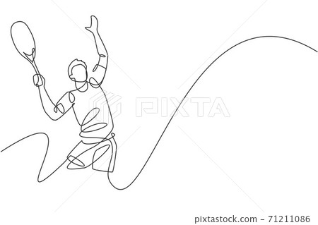 One continuous line drawing of young happy male tennis player serving the ball. Competitive sport concept. Dynamic single line draw design vector graphic illustration for tournament promotion poster One continuous line drawing of young happy male tennis player serving the ball. Competitive sport concept. Dynamic single line draw design vector graphic illustration for tournament promotion poster 71211086