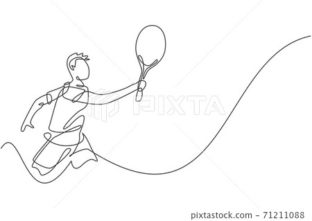 Single continuous line drawing young agile tennis player hold opponent's ball hit. Sport exercise concept. Trendy one line draw graphic design vector illustration for tennis tournament promotion media Single continuous line drawing young agile tennis player hold opponent's ball hit. Sport exercise concept. Trendy one line draw graphic design vector illustration for tennis tournament promotion media 71211088