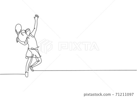 One continuous line drawing of young happy woman tennis player prepare to hit the ball. Competitive sport concept. Dynamic single line draw design vector illustration for tournament promotion poster One continuous line drawing of young happy woman tennis player prepare to hit the ball. Competitive sport concept. Dynamic single line draw design vector illustration for tournament promotion poster 71211097