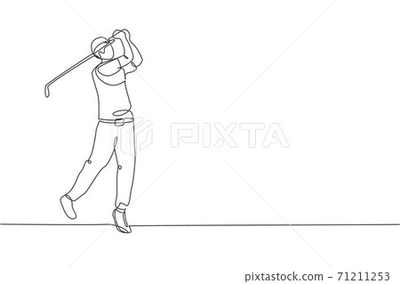 One single line drawing of young sporty golf player hit the ball using golf club graphic vector illustration. Healthy sport concept. Modern continuous line draw design for golf tournament poster One single line drawing of young sporty golf player hit the ball using golf club graphic vector illustration. Healthy sport concept. Modern continuous line draw design for golf tournament poster 71211253