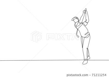 One continuous line drawing of young golf player swing golf club and hit the ball. Leisure sport concept. Dynamic single line draw design vector illustration graphic for tournament promotion media One continuous line drawing of young golf player swing golf club and hit the ball. Leisure sport concept. Dynamic single line draw design vector illustration graphic for tournament promotion media 71211254