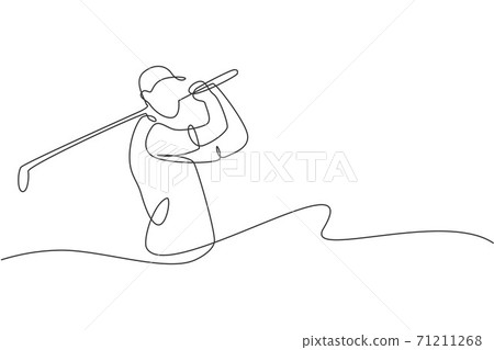 One continuous line drawing of young golf player swing golf club and hit the ball. Leisure sport concept. Dynamic single line draw design graphic vector illustration for tournament promotion media 71211268