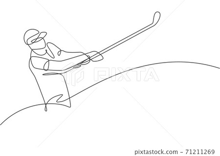 Single continuous line drawing of young happy golf player swing the golf club to hit the ball. Hobby sport concept. Trendy one line draw design vector illustration for golf tournament promotion media Single continuous line drawing of young happy golf player swing the golf club to hit the ball. Hobby sport concept. Trendy one line draw design vector illustration for golf tournament promotion media 71211269