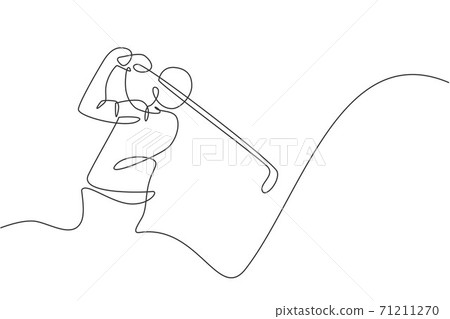 One continuous line drawing of young golf player swing golf club and hit the ball. Leisure sport concept. Dynamic single line draw design graphic vector illustration for tournament promotion media 71211270