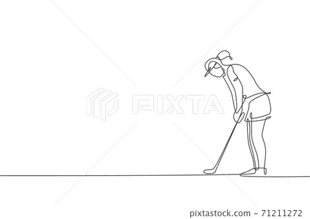 One single line drawing of young sporty golf player hit the ball using golf club graphic vector illustration. Healthy sport concept. Modern continuous line draw design for golf tournament poster One single line drawing of young sporty golf player hit the ball using golf club graphic vector illustration. Healthy sport concept. Modern continuous line draw design for golf tournament poster 71211272