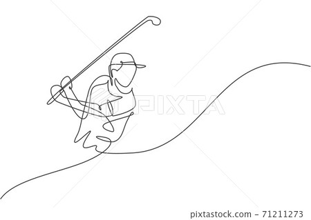One continuous line drawing of young golf player swing golf club and hit the ball. Leisure sport concept. Dynamic single line draw design vector illustration graphic for tournament promotion media One continuous line drawing of young golf player swing golf club and hit the ball. Leisure sport concept. Dynamic single line draw design vector illustration graphic for tournament promotion media 71211273