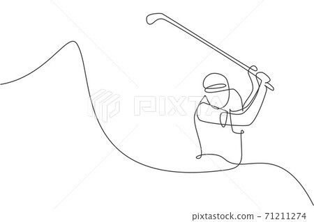 Single continuous line drawing of young happy golf player swing the golf club to hit the ball. Hobby sport concept. Trendy one line draw design vector illustration for golf tournament promotion media Single continuous line drawing of young happy golf player swing the golf club to hit the ball. Hobby sport concept. Trendy one line draw design vector illustration for golf tournament promotion media 71211274