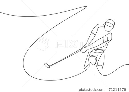 One continuous line drawing of young golf player swing golf club and hit the ball. Leisure sport concept. Dynamic single line draw design vector illustration graphic for tournament promotion media 71211276