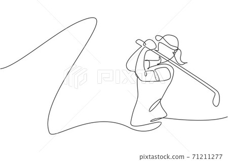 Single continuous line drawing of young happy golf player swing the golf club to hit the ball. Hobby sport concept. Trendy one line draw design vector illustration for golf tournament promotion media Single continuous line drawing of young happy golf player swing the golf club to hit the ball. Hobby sport concept. Trendy one line draw design vector illustration for golf tournament promotion media 71211277