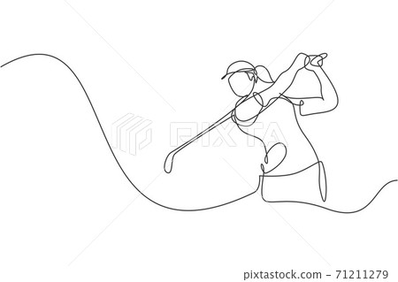 One single line drawing of young sporty golf player hit the ball using golf club graphic vector illustration. Healthy sport concept. Modern continuous line draw design for golf tournament poster One single line drawing of young sporty golf player hit the ball using golf club graphic vector illustration. Healthy sport concept. Modern continuous line draw design for golf tournament poster 71211279