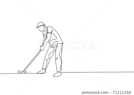 One single line drawing of young sporty golf player hit the ball using golf club vector illustration graphic. Healthy sport concept. Modern continuous line draw design for golf tournament poster 71211288