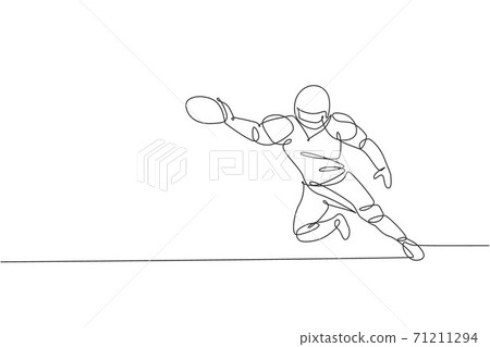 One single line drawing of young energetic american football player jump and catch ball for national league promotion. Sport competition concept. Modern continuous line draw design vector illustration 71211294