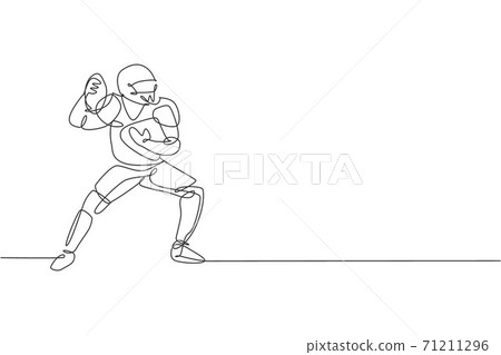One continuous line drawing of young sporty american football player pass the ball to his teammates for competition poster. Sport teamwork concept. Dynamic single line draw design vector illustration 71211296