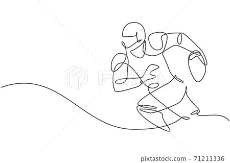 Single continuous line drawing of young agile man american football player running while hold the ball for competition media. Sport exercise concept. Trendy one line draw design vector illustration 71211336