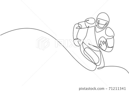 One continuous line drawing of young happy man american football player running and holding the ball for competition poster. Sport teamwork concept. Dynamic single line draw design vector illustration 71211341