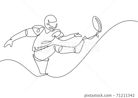 One continuous line drawing of young man american football player kicking the ball hard at arena for league promotion. Sport competition concept. Modern single line draw design vector illustration 71211342