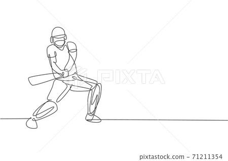 Single continuous line drawing of young agile man cricket player standing ready to hit the ball vector illustration. Sport exercise concept. Trendy one line draw design for cricket promotion media 71211354