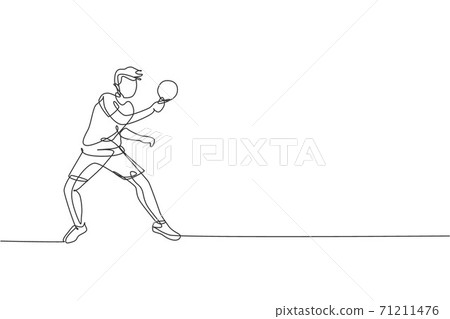 One continuous line drawing of young sporty man table tennis player practice to hit the ball. Competitive sport concept. Single line draw design vector illustration for ping pong championship poster One continuous line drawing of young sporty man table tennis player practice to hit the ball. Competitive sport concept. Single line draw design vector illustration for ping pong championship poster 71211476