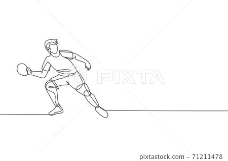 Single continuous line drawing of young agile man table tennis player focus practice. Sport exercise concept. Trendy one line draw design vector illustration for ping pong tournament promotion media Single continuous line drawing of young agile man table tennis player focus practice. Sport exercise concept. Trendy one line draw design vector illustration for ping pong tournament promotion media 71211478