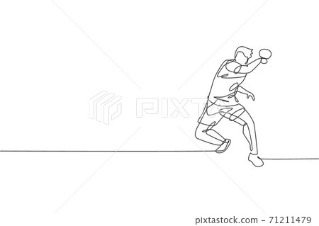 One continuous line drawing of young sporty man table tennis player hold the opponent ball. Competitive sport concept. Single line draw design vector illustration for ping pong championship poster 71211479