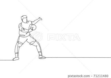 Single continuous line drawing of young agile man table tennis player hitting the ball. Sport exercise concept. Trendy one line draw design vector illustration for ping pong tournament promotion media Single continuous line drawing of young agile man table tennis player hitting the ball. Sport exercise concept. Trendy one line draw design vector illustration for ping pong tournament promotion media 71211480