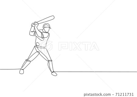 One continuous line drawing of young sporty man baseball player practice to hit the ball at field. Competitive sport concept. Dynamic single line draw design vector illustration for promotion poster 71211731