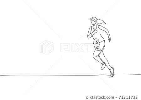 Single continuous line drawing of young agile woman runner do run relax. Individual sport with competition concept. Trendy one line draw design vector illustration for running tournament promotion 71211732