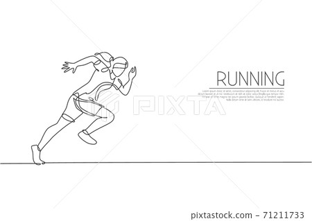 One single line drawing of young energetic woman runner focus to sprint run vector illustration. Individual sports, training concept. Modern continuous line draw design for running competition banner 71211733