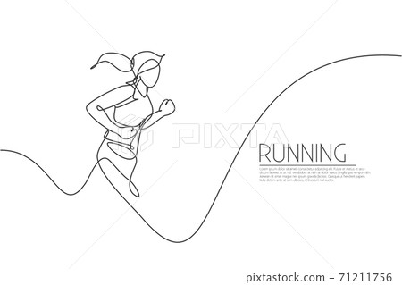 One single line drawing of young energetic woman runner jogging run graphic vector illustration. Individual sports, training concept. Modern continuous line draw design for running competition banner 71211756