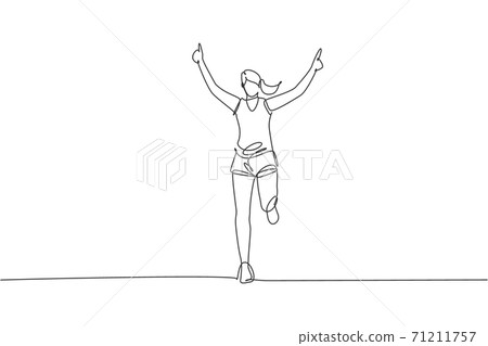 One continuous line drawing of young woman athlete runner reach finish line. Individual sport, competitive concept. Dynamic single line draw design vector illustration for running competition poster 71211757