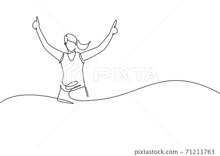 Single continuous line drawing of young agile woman runner reach finish line. Individual sport and competition concept. Trendy one line draw design vector illustration for running tournament promotion 71211763