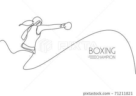 One continuous line drawing of young sporty woman boxer launch powerful punch. Competitive combat sport concept. Dynamic single line draw design vector illustration for boxing match promotion poster 71211821