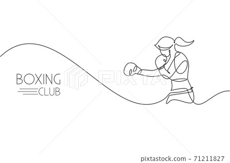 Single continuous line drawing of young agile woman boxer pose punch attack confidently. Fair combative sport concept. Trendy one line draw design vector illustration for boxing game promotion media Single continuous line drawing of young agile woman boxer pose punch attack confidently. Fair combative sport concept. Trendy one line draw design vector illustration for boxing game promotion media 71211827