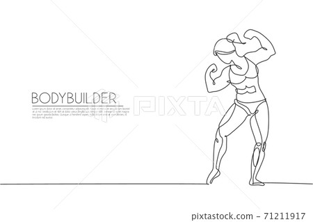 Single continuous line drawing of young muscular model woman bodybuilder posing elegantly. Fitness gym logo. Trendy one line draw design vector illustration for budybuilding icon and symbol template Single continuous line drawing of young muscular model woman bodybuilder posing elegantly. Fitness gym logo. Trendy one line draw design vector illustration for budybuilding icon and symbol template 71211917