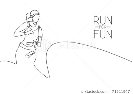 Single continuous line drawing of young agile woman runner hobby to run relax and calm. Healthy sport action concept. Trendy one line draw design graphic vector illustration for running race promotion 71211947
