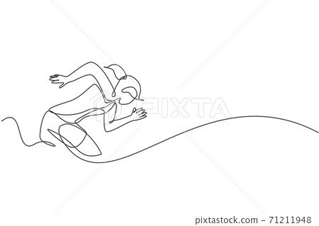 One continuous line drawing of young sporty woman runner focus to train run fast. Health activity sport concept. Dynamic single line draw design vector illustration for running event promotion poster 71211948
