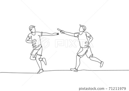 One single line drawing young happy runner man pass baton stick to his teammate at race vector graphic illustration. Healthy lifestyle and competitive sport concept. Modern continuous line draw design 71211979