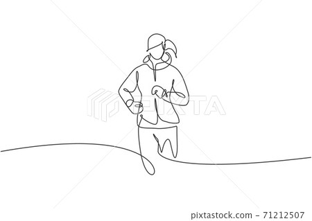 One continuous line drawing of young sporty runner woman relax running at countryside. Healthy lifestyle and fun jogging sport concept. Dynamic single line draw design vector illustration graphic 71212507